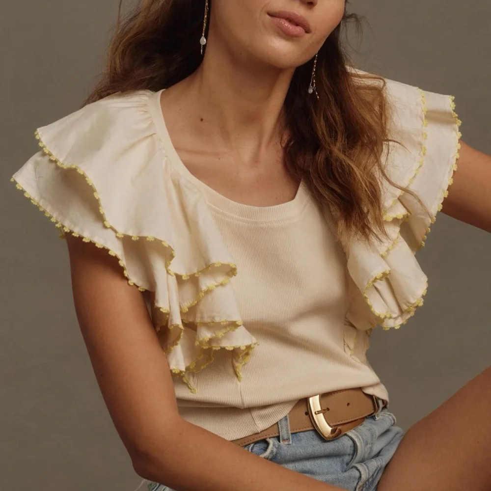 Anthropologie Oversized Ruffles Short Sleeve Ribbed Top Women’s Medium Cream - Picture 4 of 12
